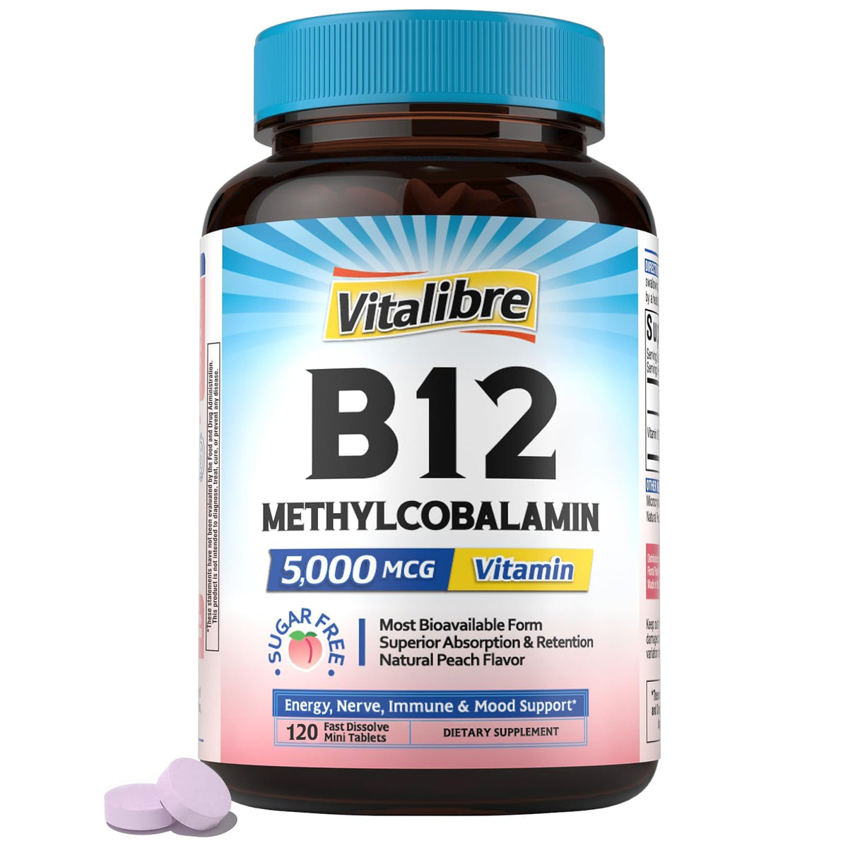 Vitalibre B12 sublingual tablets peach bottle for easy absorption.