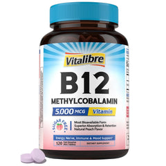 Vitalibre B12 sublingual tablets peach bottle for easy absorption.