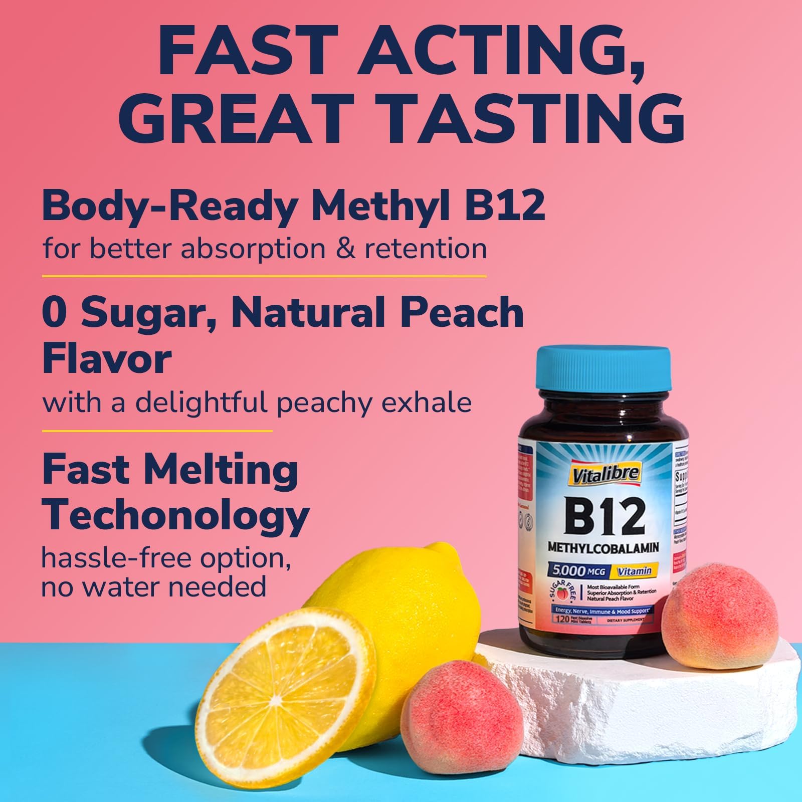 Vitalibre B12 fast-melt tablet close-up showing peach flavor.