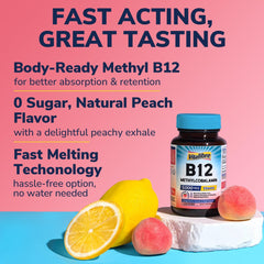 Vitalibre B12 fast-melt tablet close-up showing peach flavor.