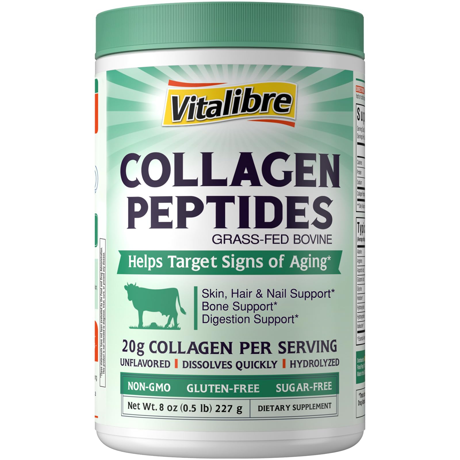 Vitalibre Bovine Collagen Powder bottle highlights grass-fed sourcing and purity.