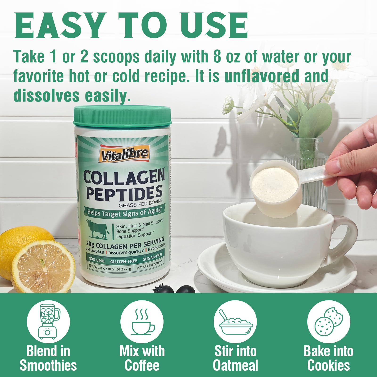 Vitalibre Collagen Powder dissolves smoothly in water for a sugar-free sip.