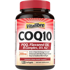 Vitalibre CoQ10 200mg bottle supports daily energy and antioxidant benefits.