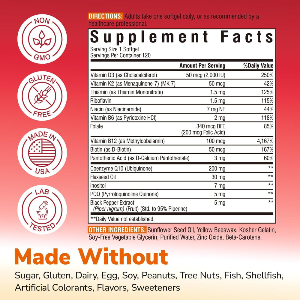 Vitalibre CoQ10 bottle label close-up showing D3/K2 and absorption boost.
