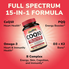 Vitalibre CoQ10 softgels close-up highlighting easy-to-swallow capsules.