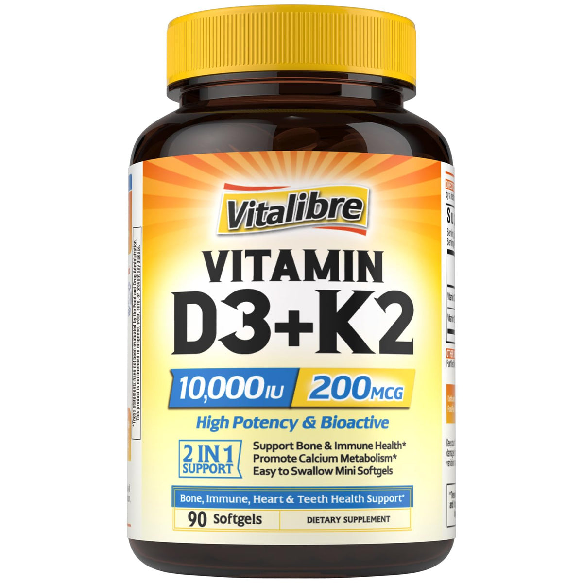 Vitalibre D3 K2 softgel bottle supports daily bone and immune health.
