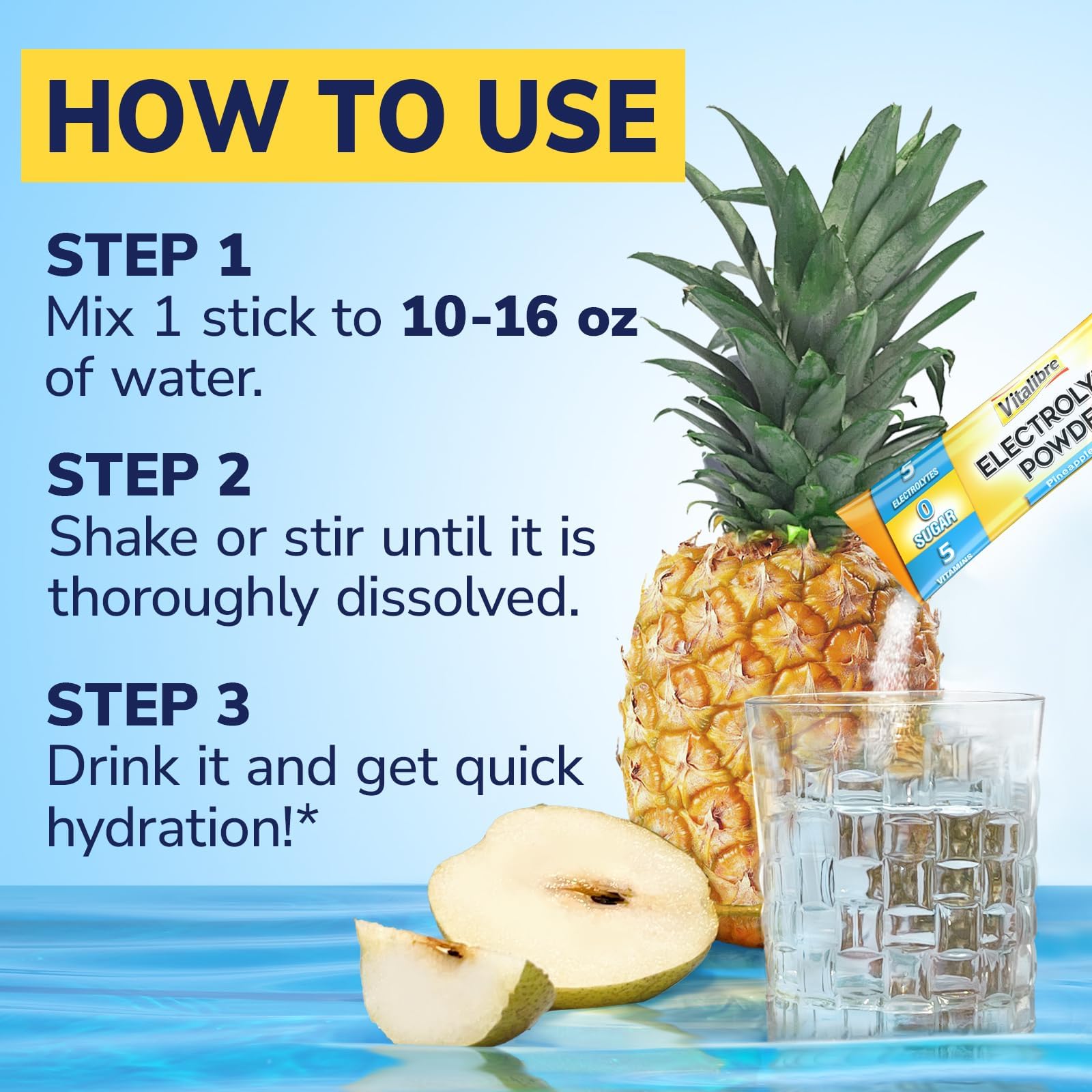 Vitalibre Electrolytes bottle-pour scene showing a bright pineapple-colored drink.
