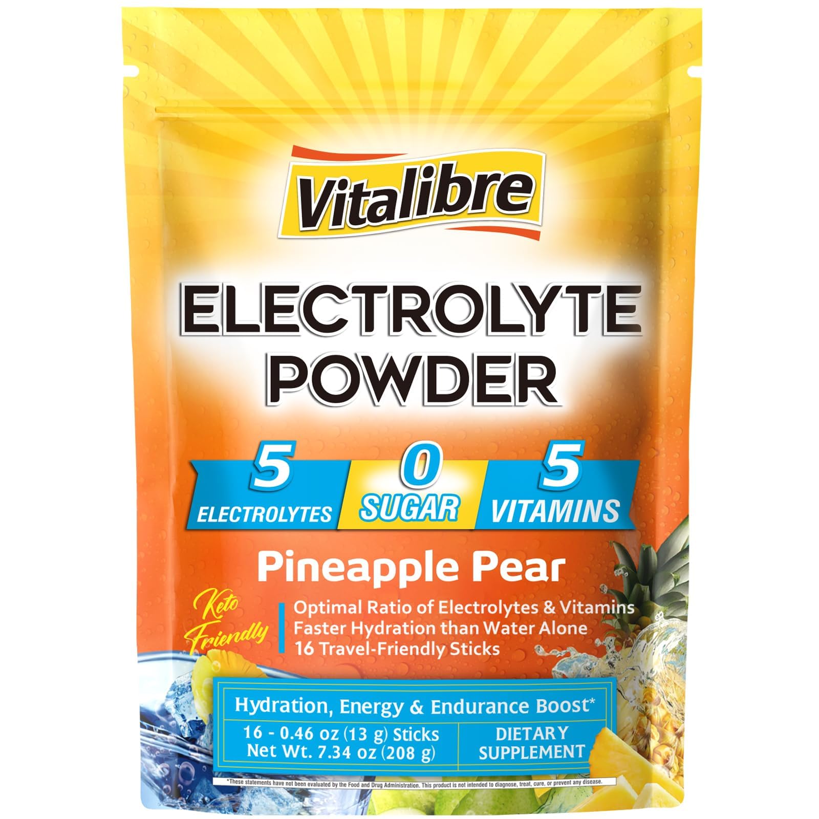 Vitalibre Electrolytes Powder Stick Pineapple Pear for fast hydration on the go.