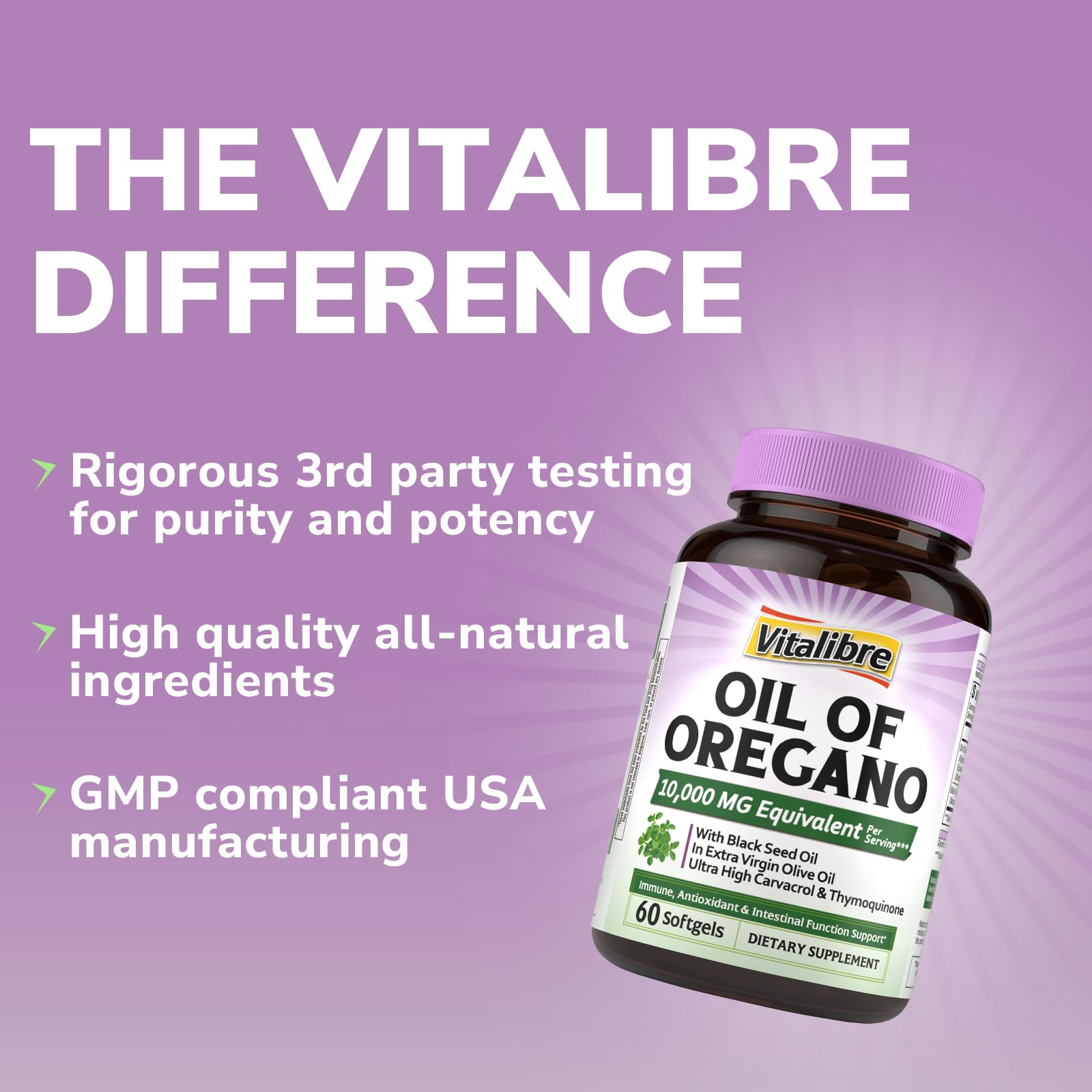 Vitalibre GMP-certified facility emblem alongside testing documentation visuals.