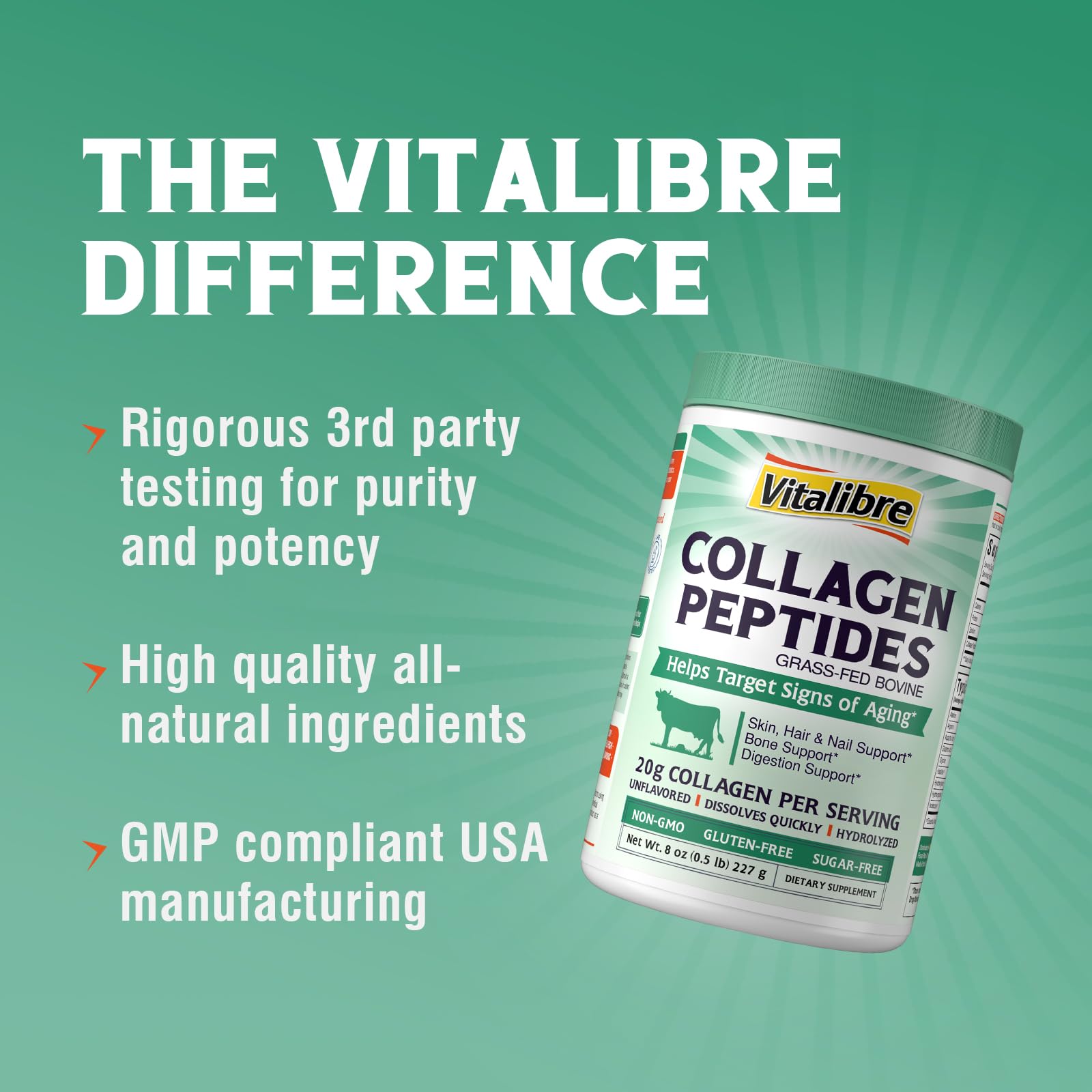 Vitalibre Grass-fed sourcing label emphasizes natural, antibiotic-free production.