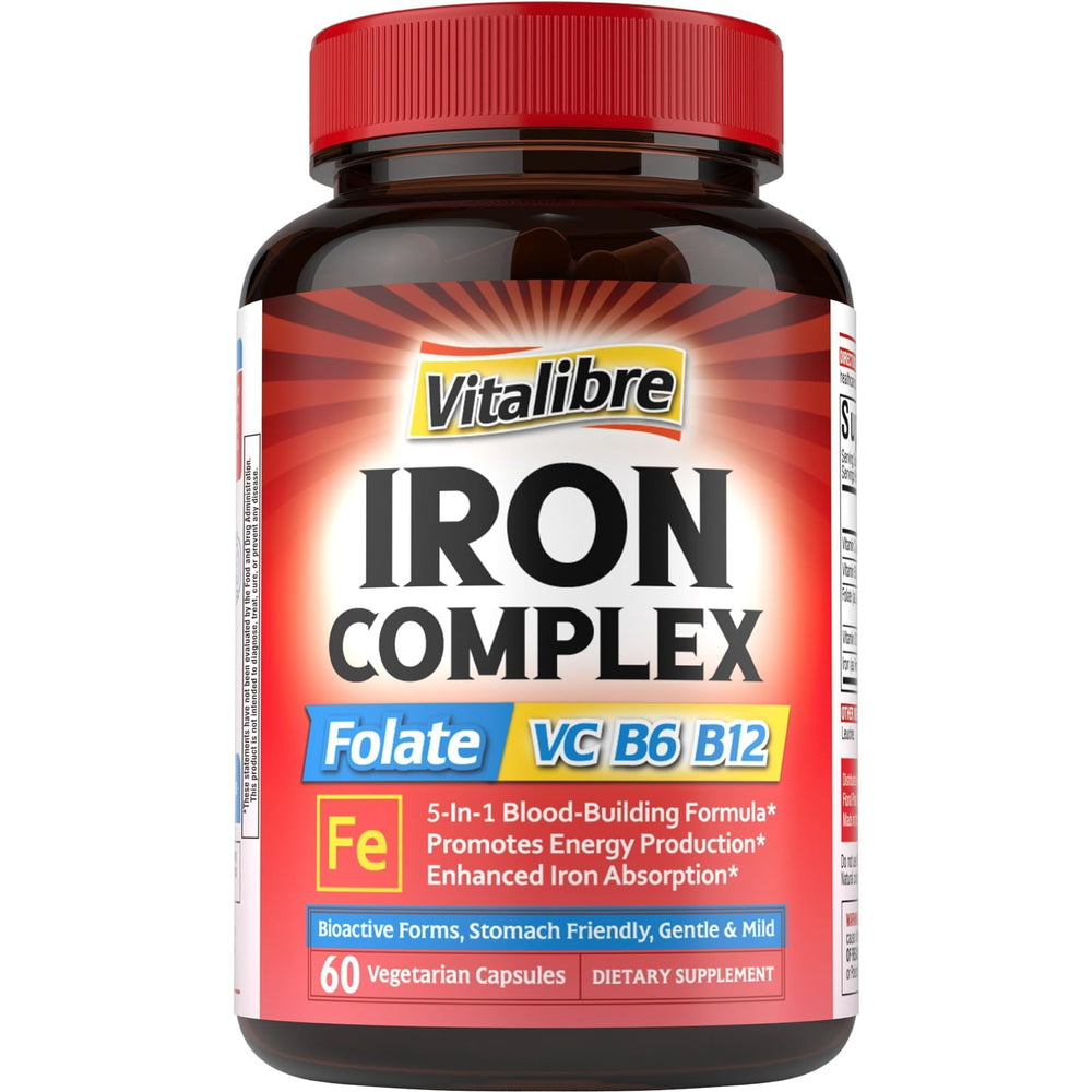 Vitalibre Iron Complex bottle front showing vegan, non-GMO iron option