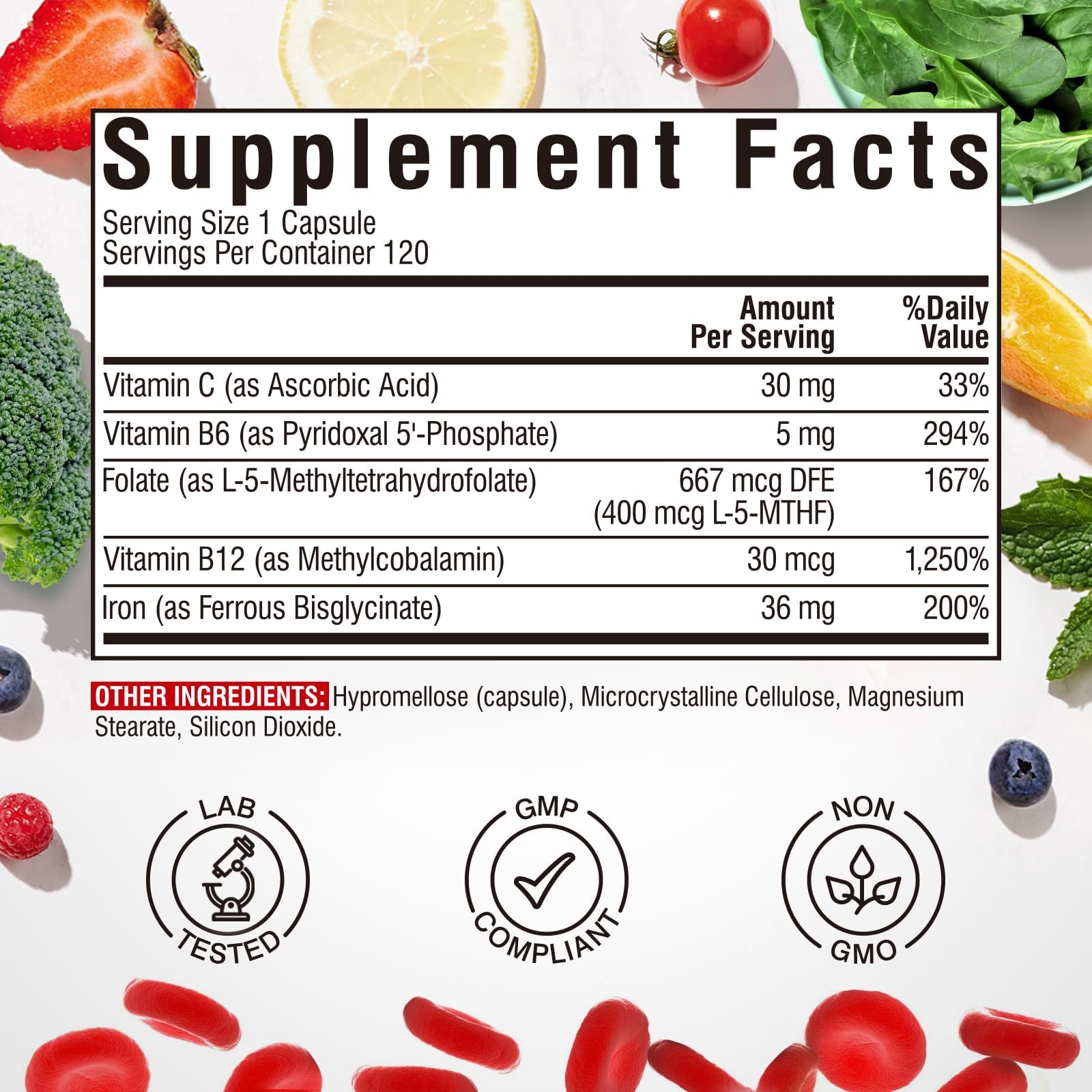 Vitalibre Iron Complex capsules closeup highlighting easy-to-swallow iron.