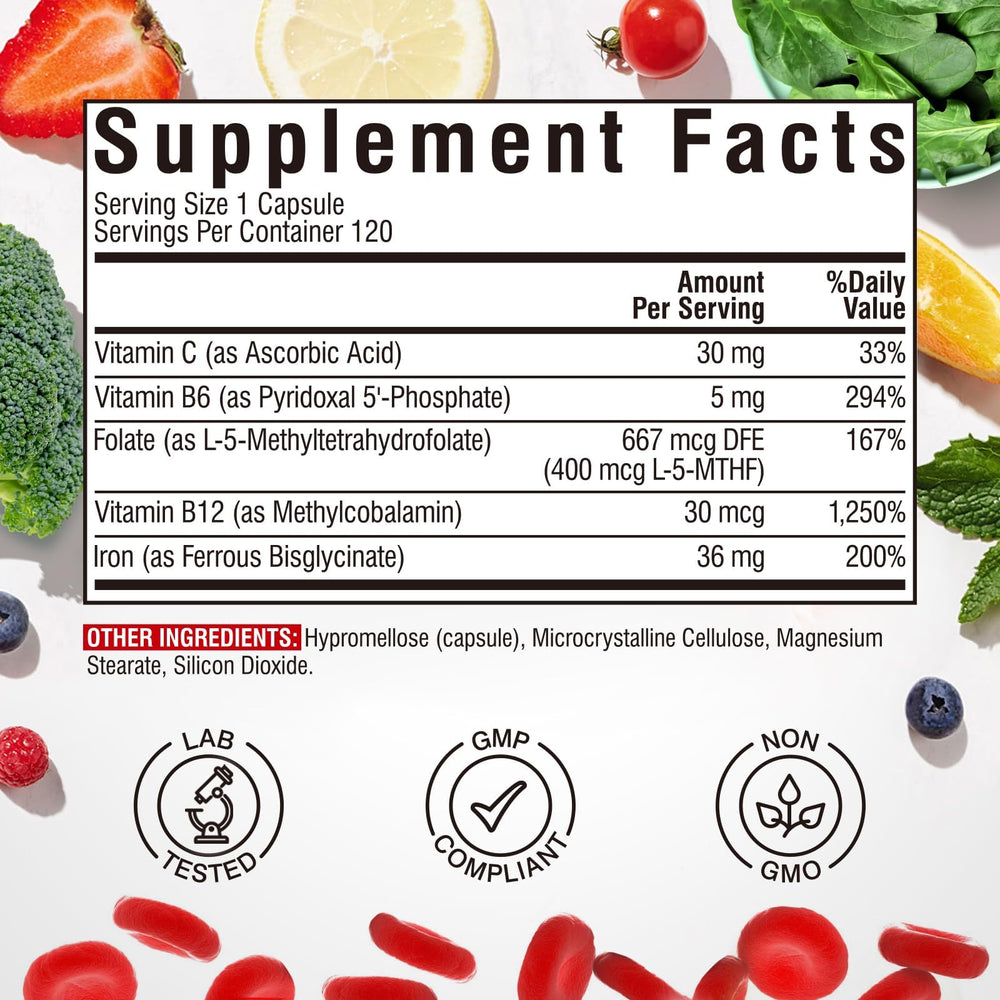 Vitalibre Iron Complex capsules closeup highlighting easy-to-swallow iron.