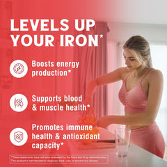 Vitalibre iron bottle highlighting stomach friendly design in hand.