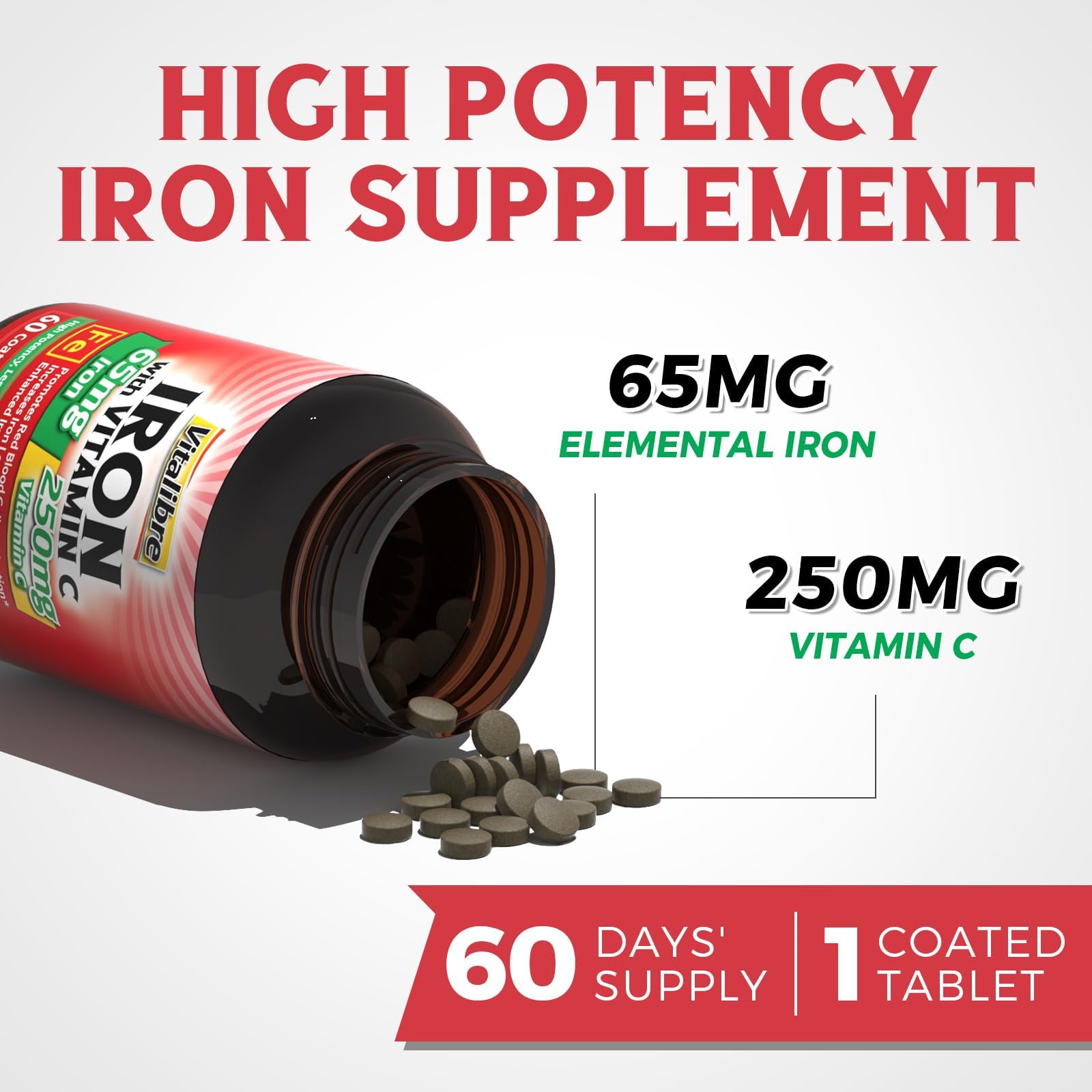 Vitalibre Iron 250mg vitamin C label emphasizing absorption support.