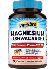 Vitalibre magnesium complex bottle front shows a science-backed stress support formula.