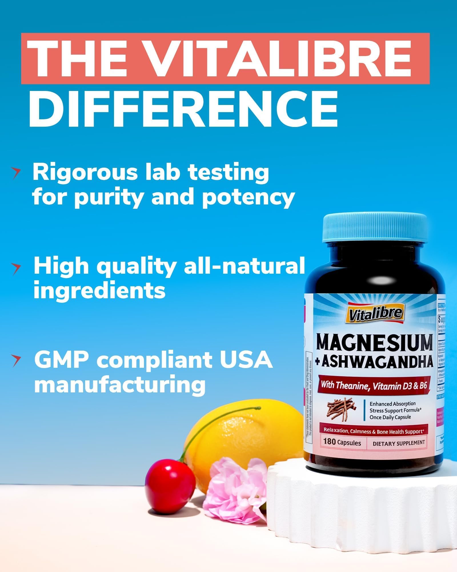 Vitalibre Magnesium Complex lab-testing sign — GMP quality and non-GMO promise.