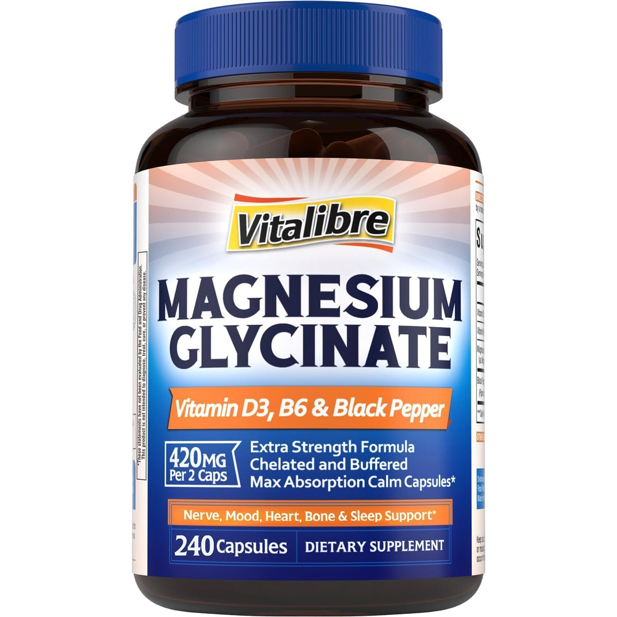 Vitalibre magnesium glycinate bottle with label highlighting high-absorption formula