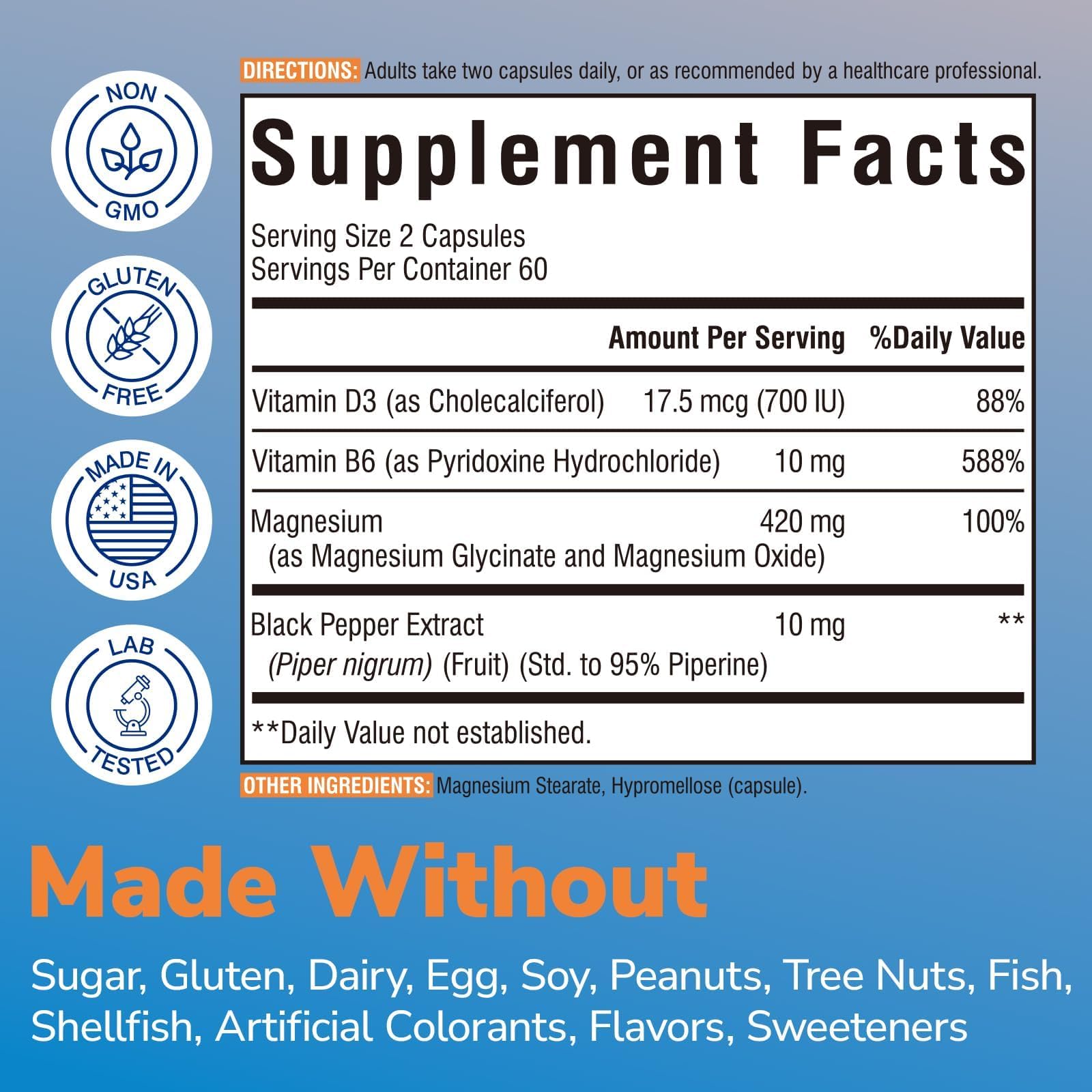 Vitalibre Magnesium Glycinate capsules closeup highlighting gentle stomach tolerance.