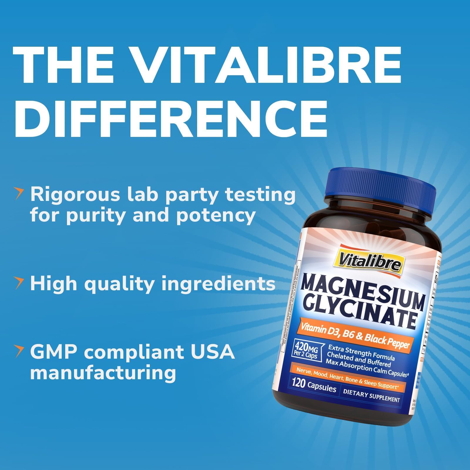 Vitalibre Magnesium Glycinate glass with water and capsules ready to take.