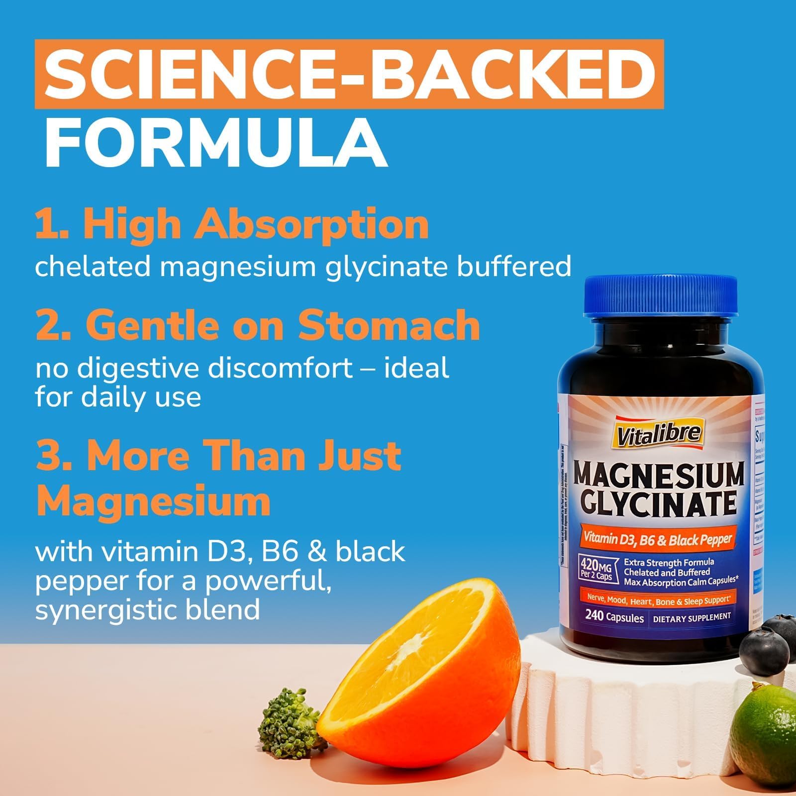 Vitalibre magnesium glycinate label shows D3 and B6 synergy