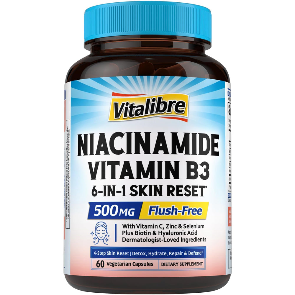 Vitalibre Niacinamide 500mg bottle - non-flush formula supports balanced skin.