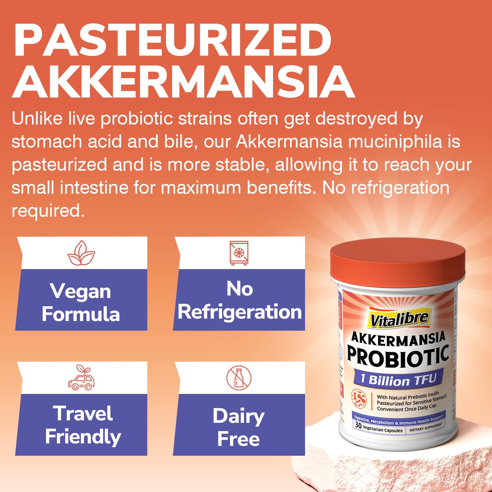 Vitalibre bottle shows no refrigeration required for convenient daily use