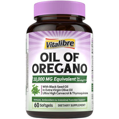 Vitalibre Oil of Oregano bottle on a clean counter, supporting daily immune well-being.