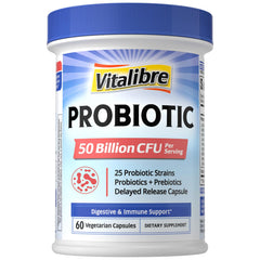 Vitalibre probiotic bottle with 50B CFU per serving for daily gut balance.