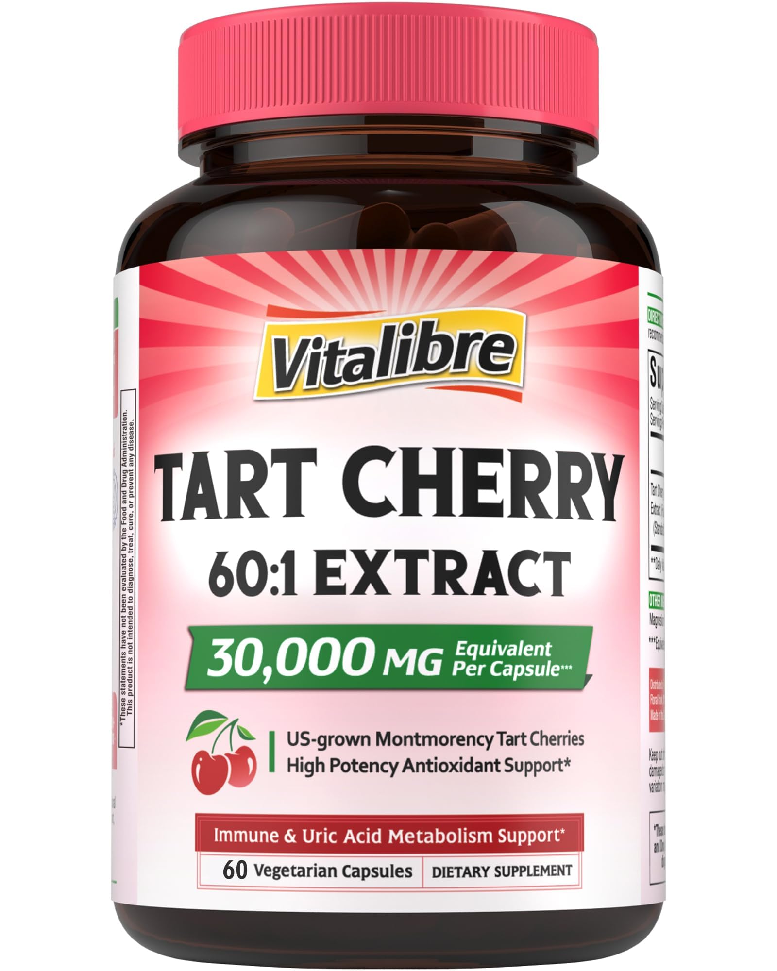 Vitalibre Tart Cherry Capsules bottle, vegan formula for uric acid balance and immune support.