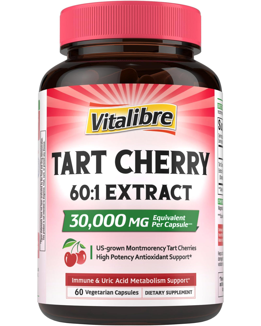 Vitalibre Tart Cherry Capsules bottle, vegan formula for uric acid balance and immune support.