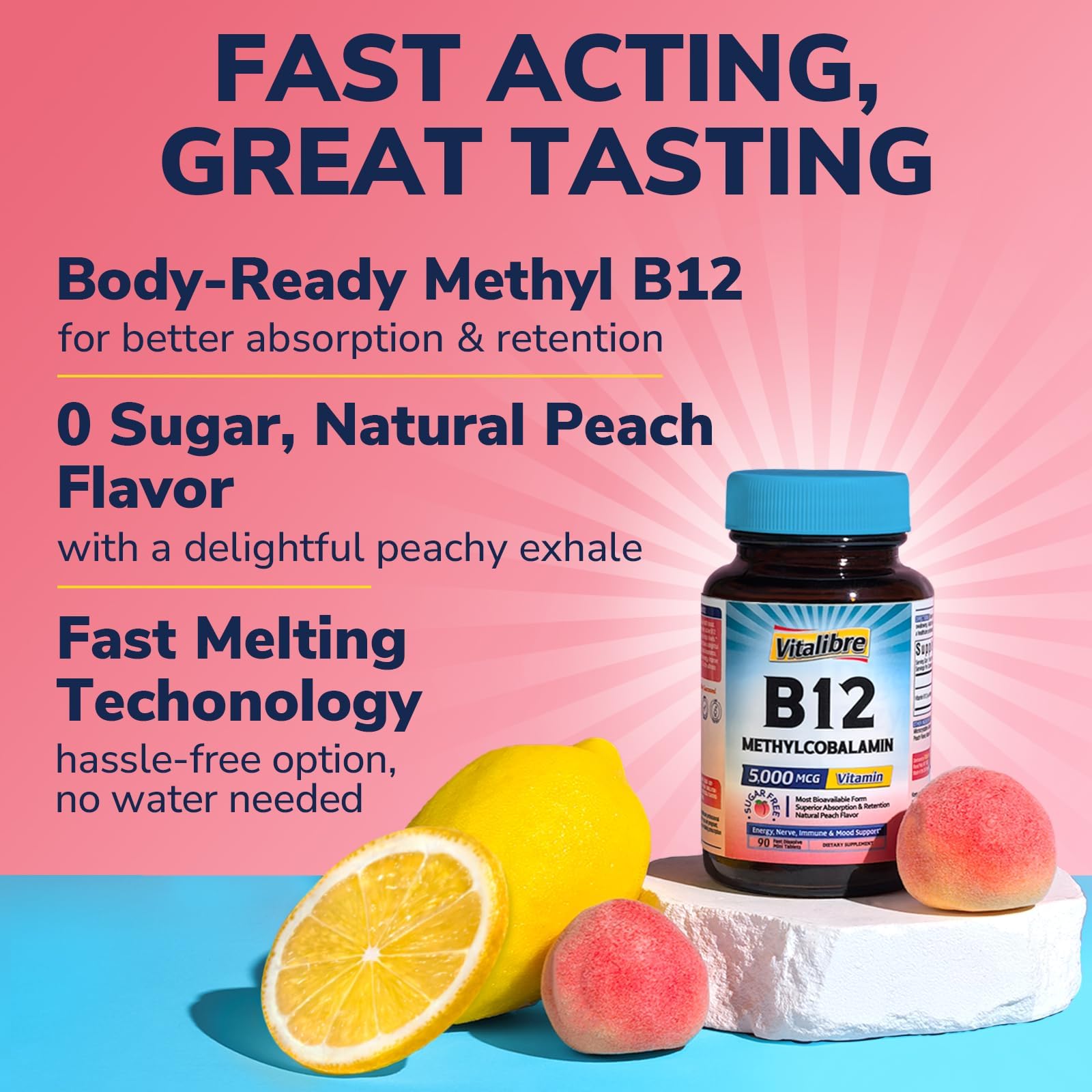 Vitalibre vegan methylcobalamin B12 in a bottle highlighting natural fermentation and bioavailability.