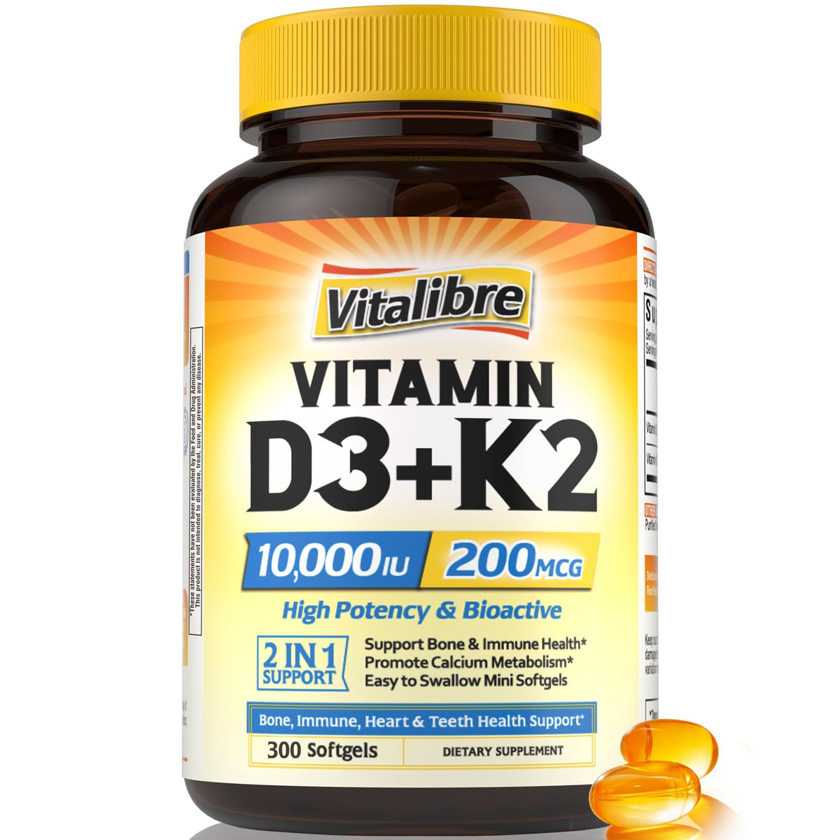 Vitalibre Vitamin D3 K2 softgel bottle with clear label indicating 300-day supply.