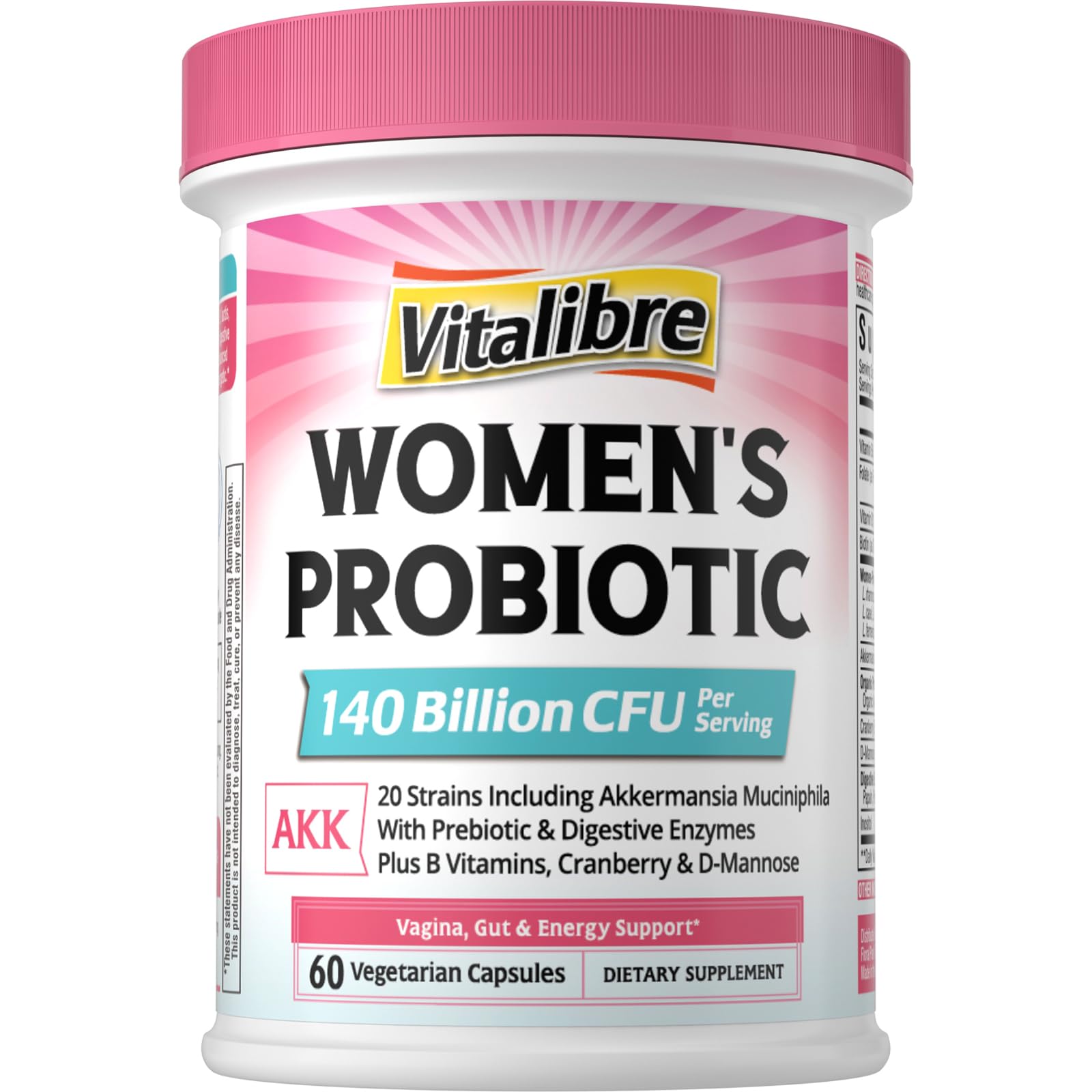 Vitalibre Women's Probiotic Plus bottle pouring, suggesting a daily gut balance routine