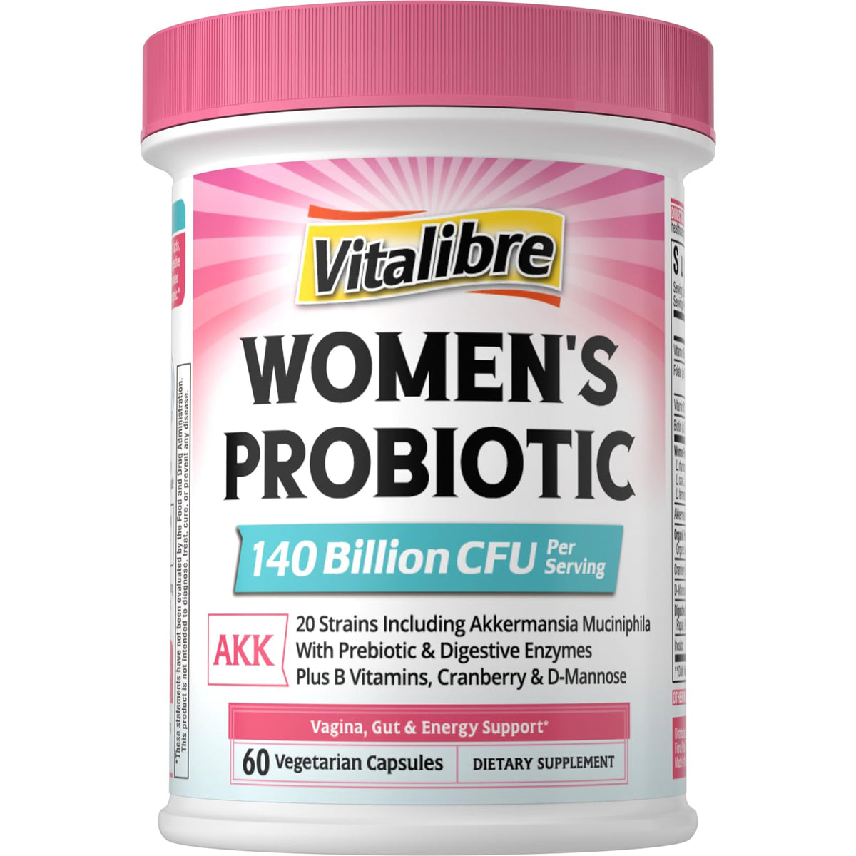 Vitalibre Women's Probiotic Plus bottle pouring, suggesting a daily gut balance routine