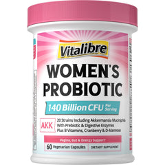 Vitalibre Women's Probiotic Plus bottle pouring, suggesting a daily gut balance routine