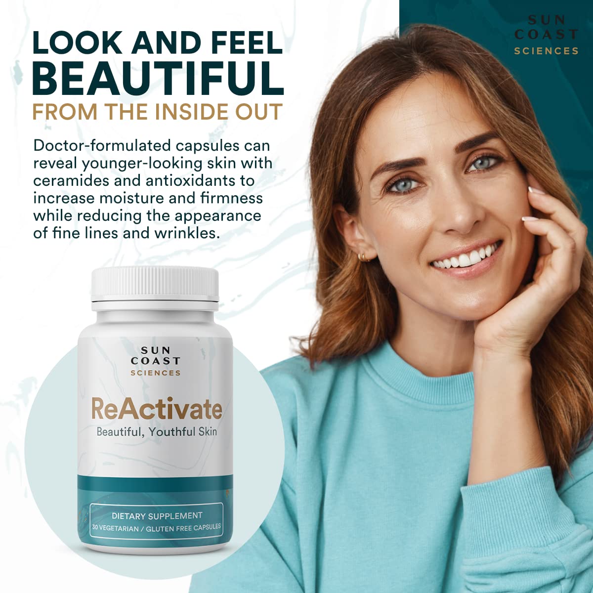 Vitalifi ReActivate capsules close-up highlighting antioxidant-rich formula for skin vitality
