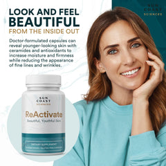 Vitalifi ReActivate capsules close-up highlighting antioxidant-rich formula for skin vitality