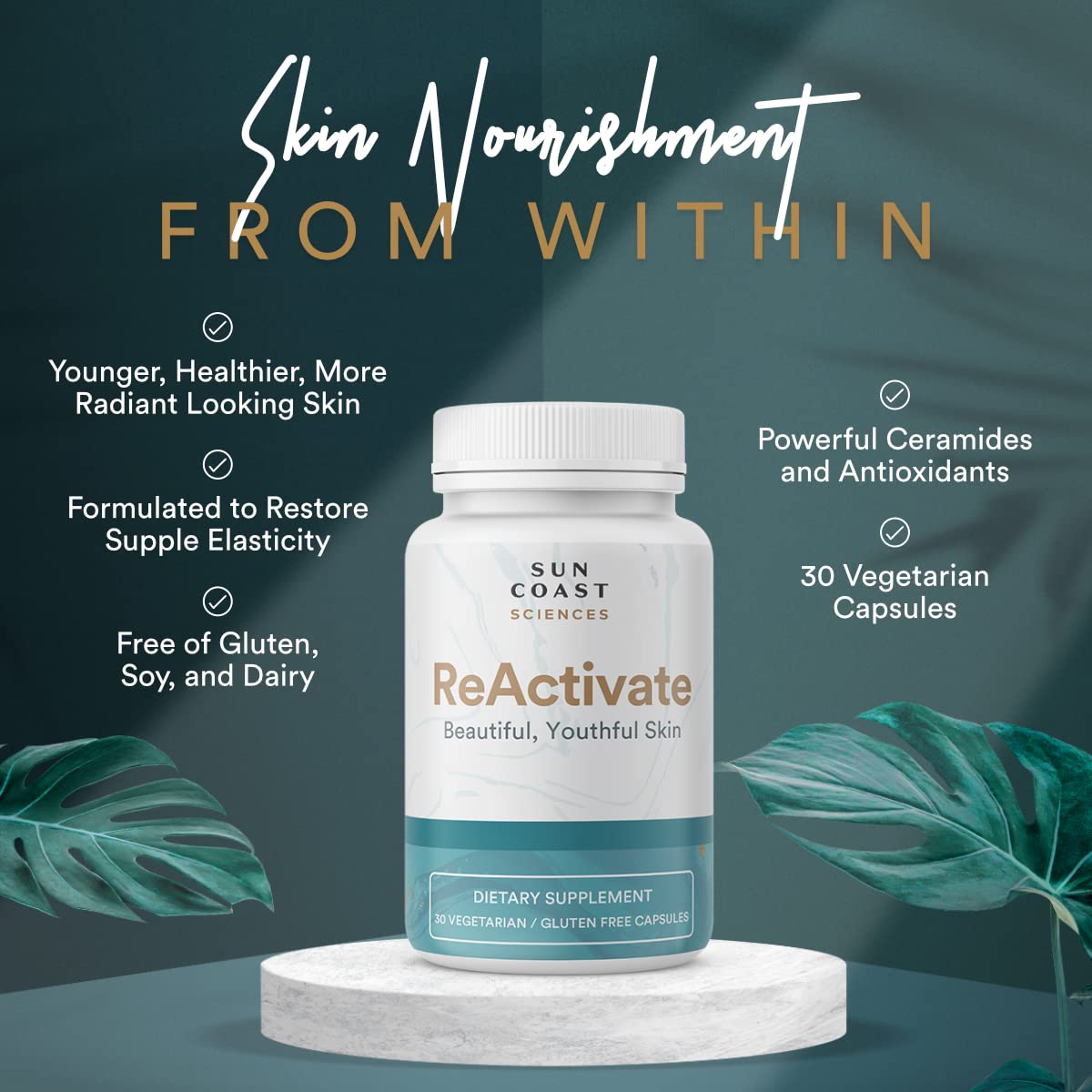 Vitalifi ReActivate label on packaging featuring Dr. Rosenberg's skin health formula
