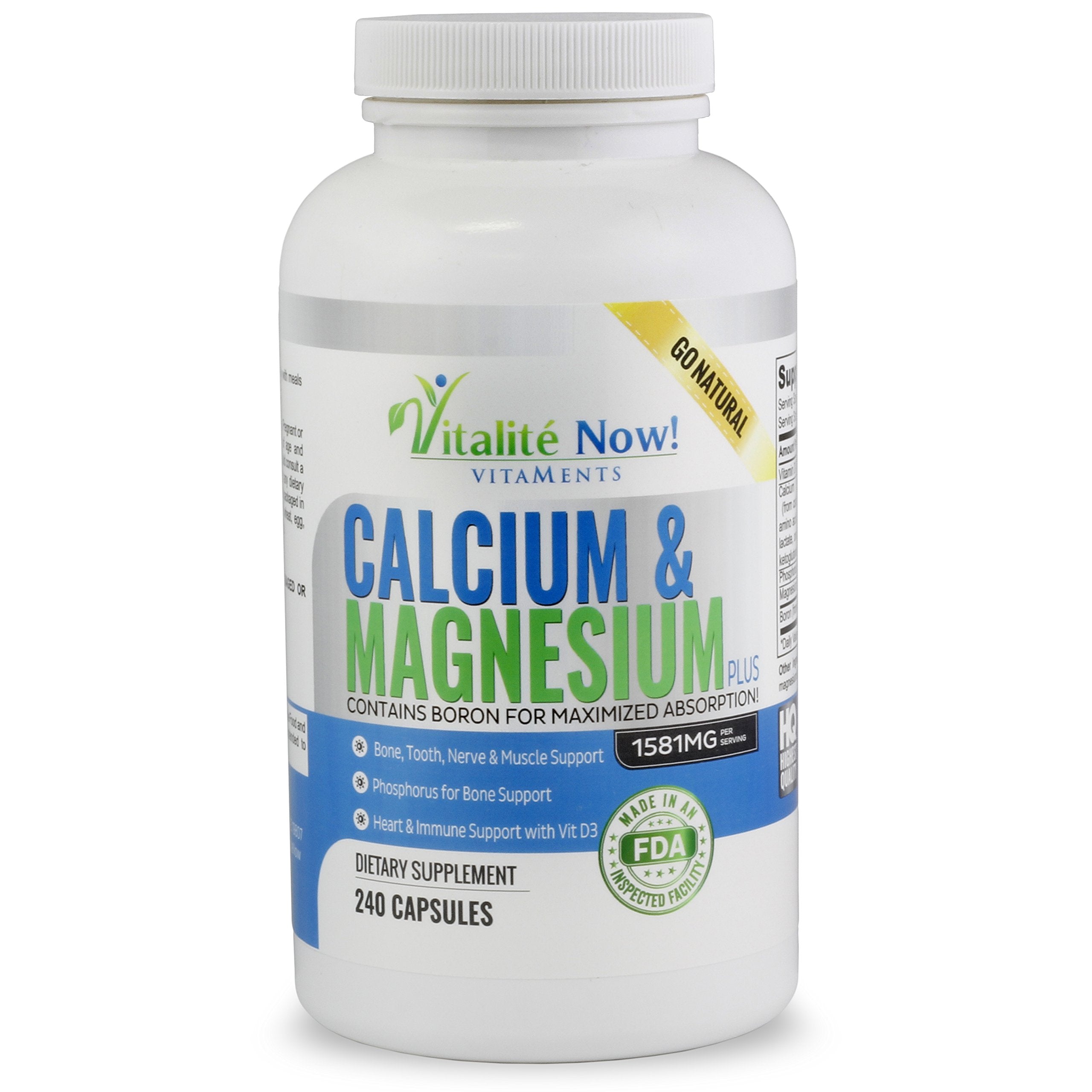 Vitalité Now! Calcium Magnesium D3 bottle close-up highlighting premium bone support.