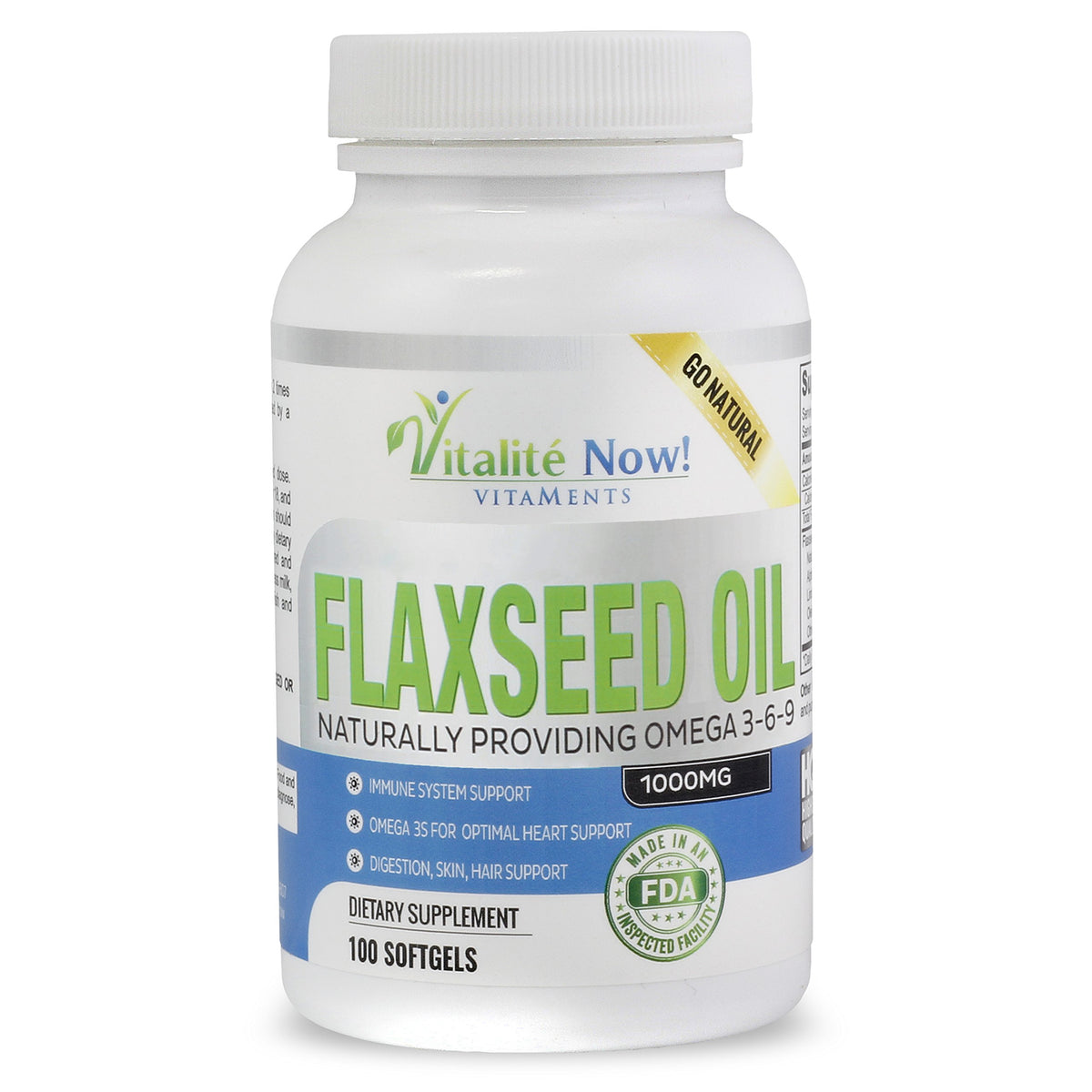 Vitalité Now flaxseed oil softgels bottle front emphasizing omega 3-6-9 support