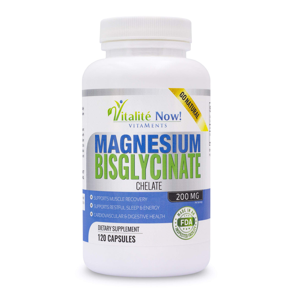 Vitalité Now! magnesium bisglycinate 200mg bottle showing high absorption potential