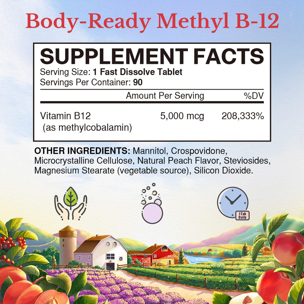 Vitalitown B12 peach flavor tablets dissolve under the tongue for convenient use.