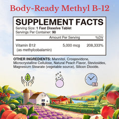 Vitalitown B12 peach flavor tablets dissolve under the tongue for convenient use.