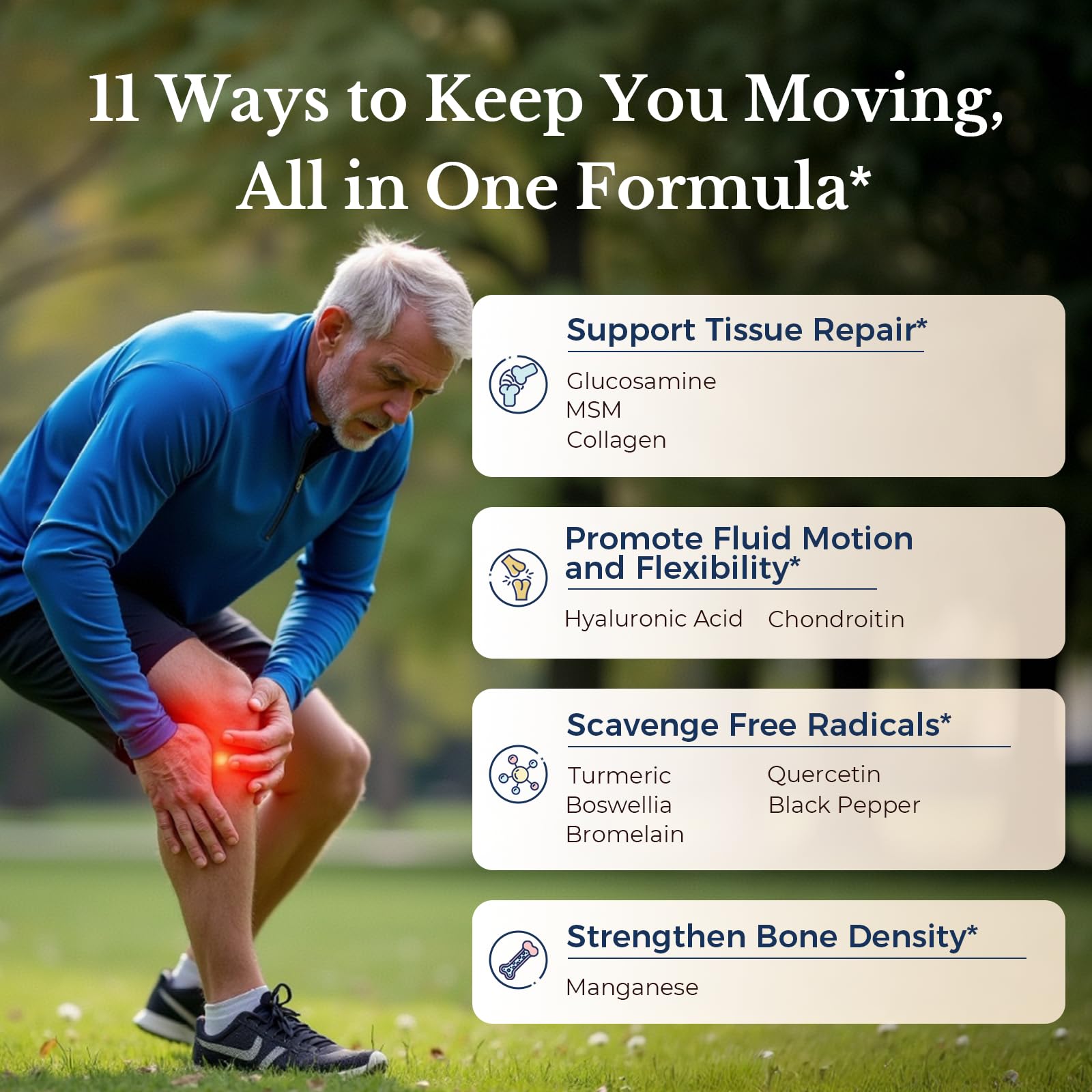 Vitalitown capsules pouring out to reveal 11-in-1 formula benefits.