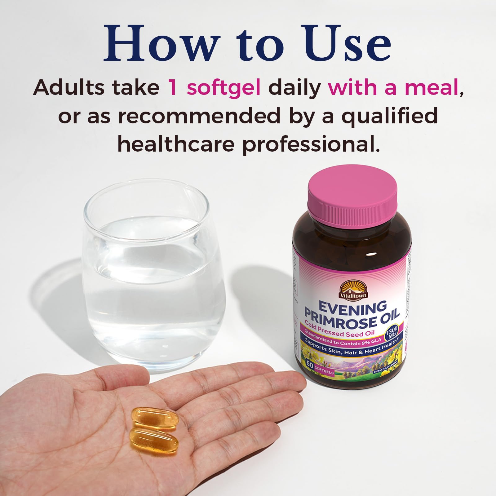 Vitalitown Evening Primrose Oil GLA content graphic illustration.