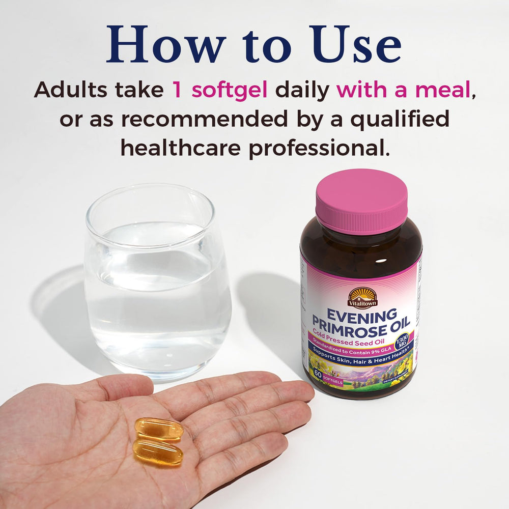 Vitalitown Evening Primrose Oil GLA content graphic illustration.