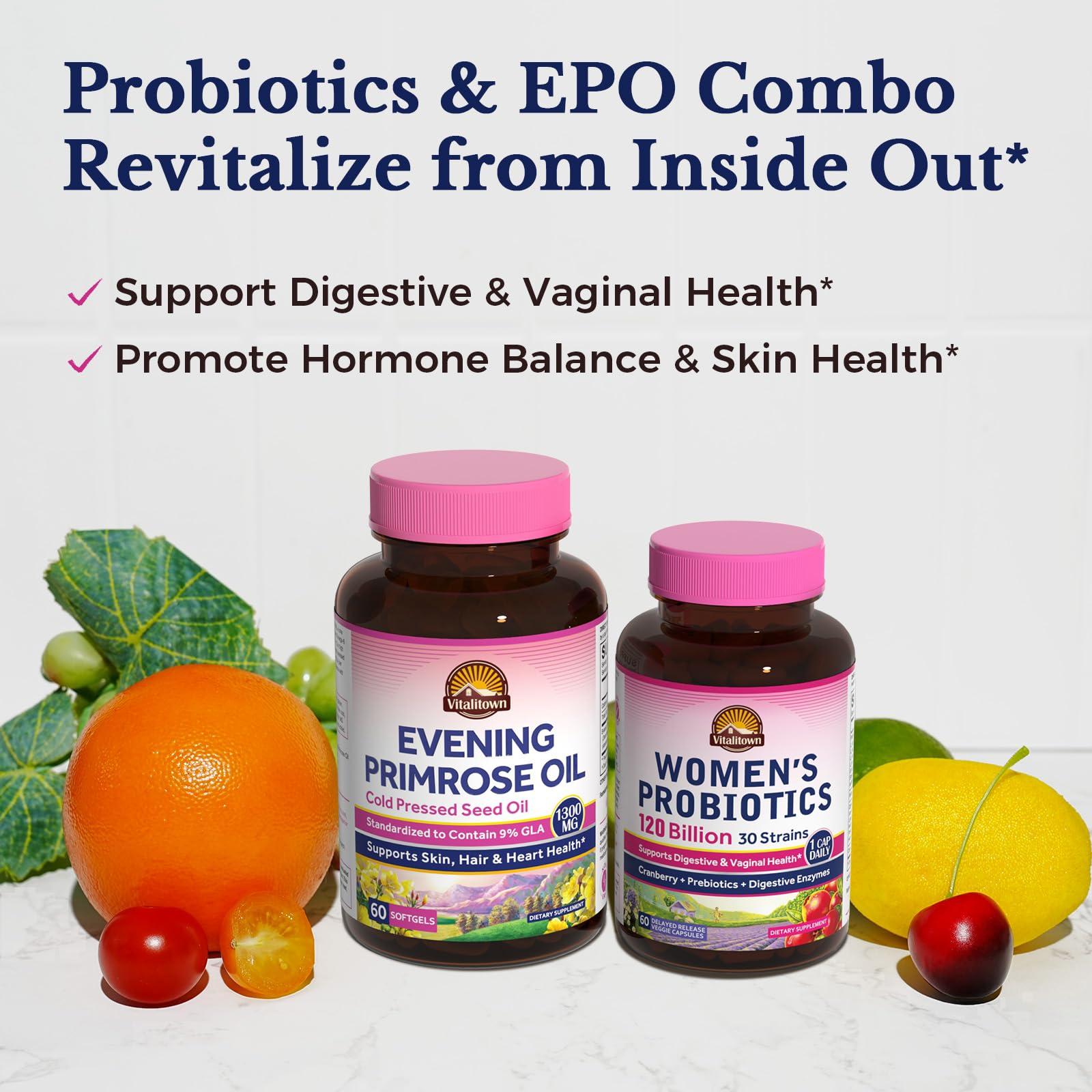 Vitalitown Evening Primrose Oil made in USA seal on packaging.