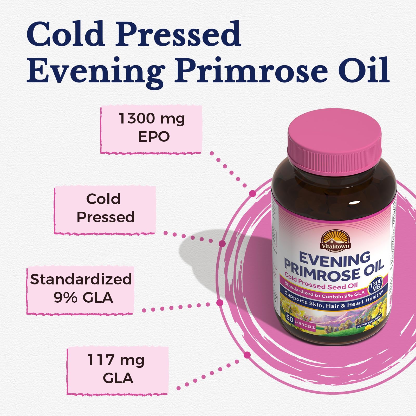 Vitalitown Evening Primrose Oil softgel capsules ready for daily use.