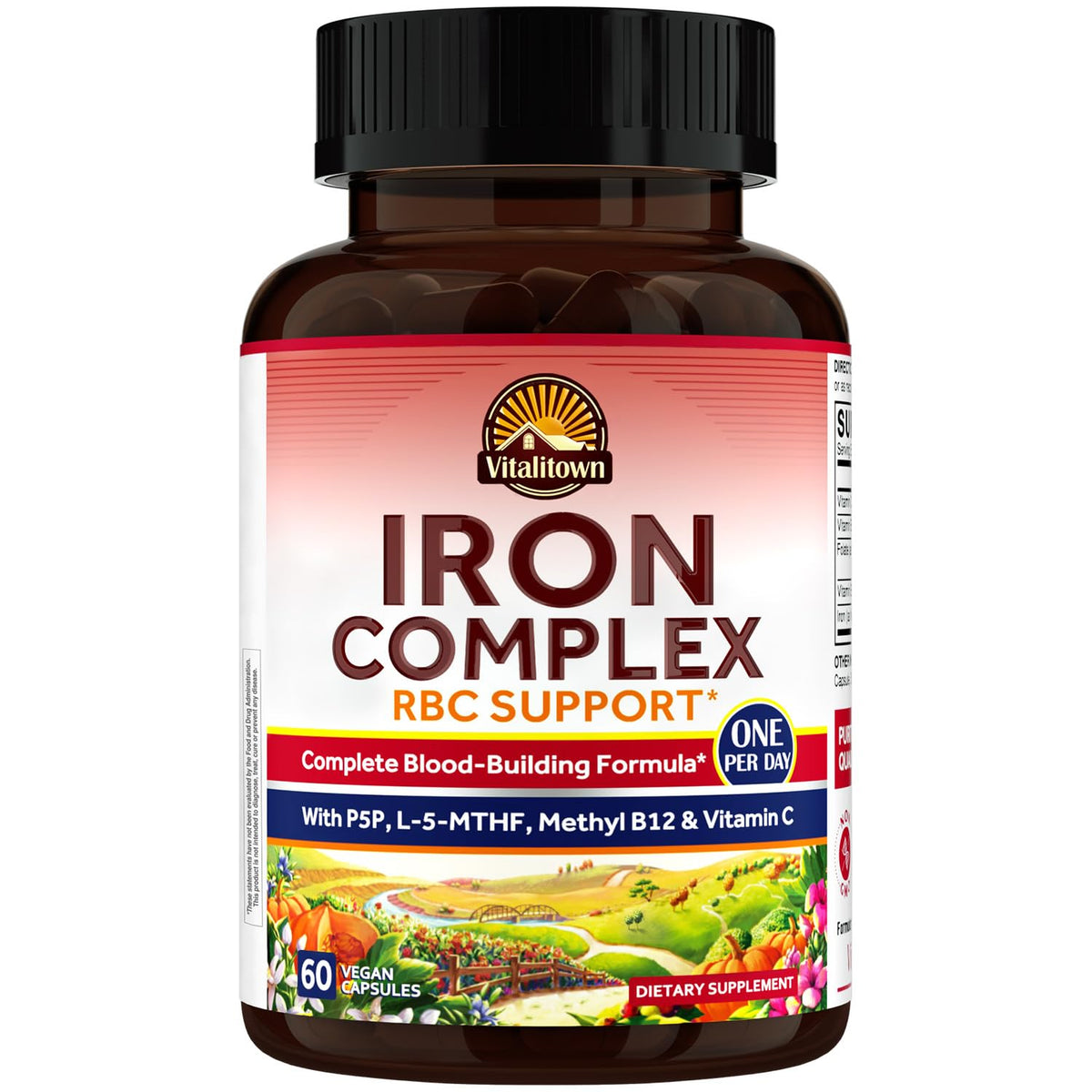 Vitalitown Iron Complex bottle label emphasizing daily iron support